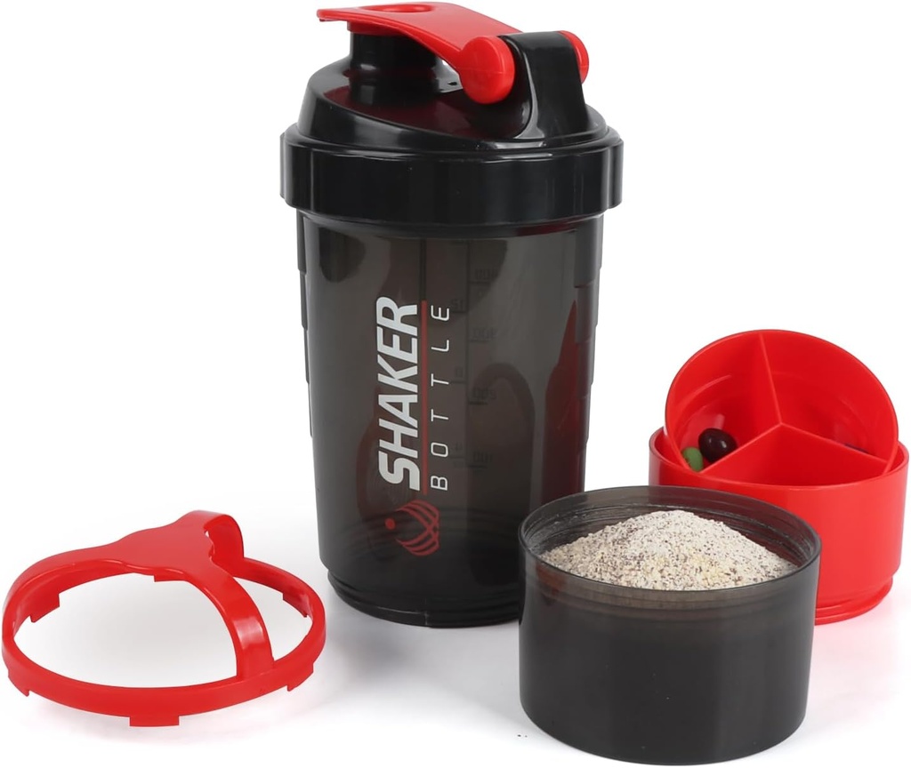 Φιάλη Shaker, μπουκάλια Shaker πρωτεΐνης 16oz με Mixing Ball, 3 σε 1 Leak-proof GYM Shake Cup με Powder Storage & Pill Tray, Ιδανικό για προπόνηση, BPA Free (Red)