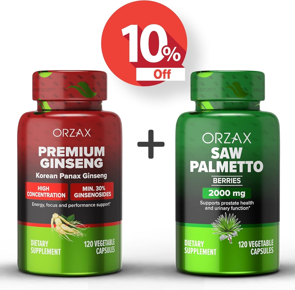 ORZAX Ginseng, 30% Ginsenosides 120 Vegatable Κάψουλες και Saw Palmetto 2000 mg 120 Καψάκια λαχανικών, Bundle