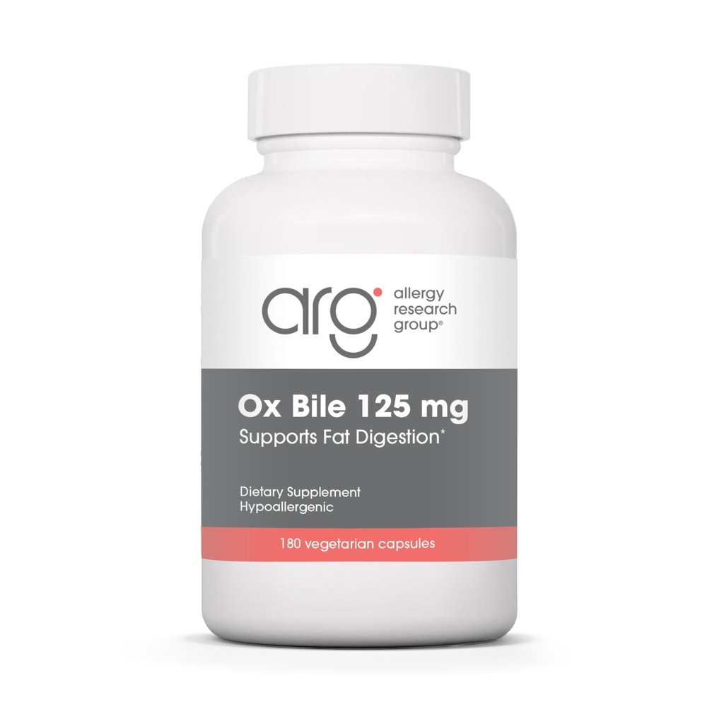 Allergy Research Group Ox Bile 125 mg - Συμπληρώματα Bile Οξειδίων για τη χοληδόχου κύστη, Digestive Ένζυμα για το ήπαρ, υποστήριξη της λιπαρότητας, για άνδρες και γυναίκες, Hypoallergenic Formula - 180 Vegicaps