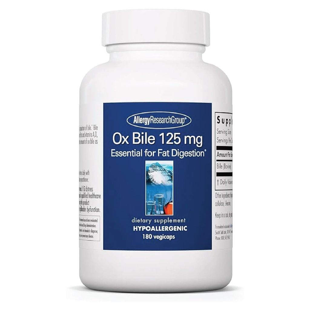 Allergy Research Group Ox Bile 125 mg - Συμπληρώματα Bile Οξειδίων για τη χοληδόχου κύστη, Digestive Ένζυμα για το ήπαρ, υποστήριξη της λιπαρότητας, για άνδρες και γυναίκες, Hypoallergenic Formula - 180 Vegicaps
