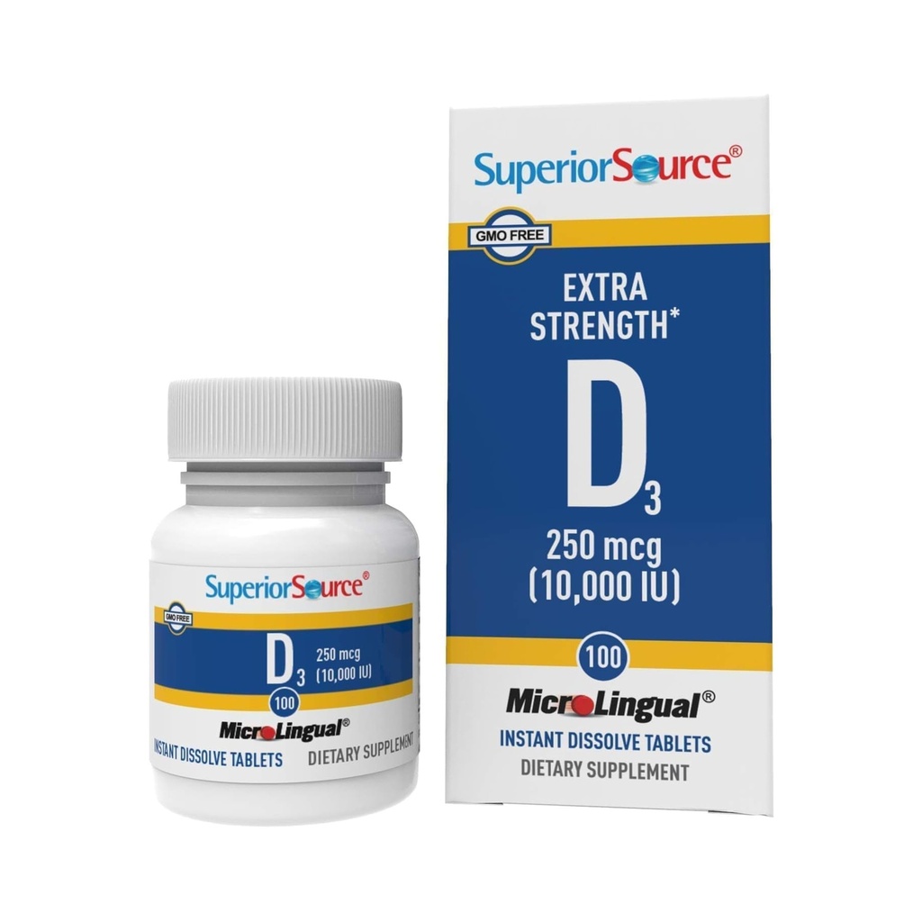 Superior Πηγή Βιταμίνη D3 10000 IU, Γρήγορη Διάλυση μικροLingual Tablets, 100 Count, Βοηθά στην προώθηση ισχυρών οστών και δοντιών, ανοσοποιητική υποστήριξη, Βοηθά στη διατήρηση της υγιούς μυϊκής λειτουργίας, μη ΓΤΟ