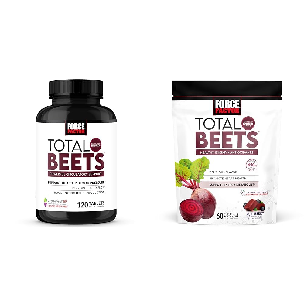 Force Factor Blood Pressure & Total Beets Chews Nitric Oxide Cardiovascular Support Grapeseed Antioxidants 120 Count & 60 Chews