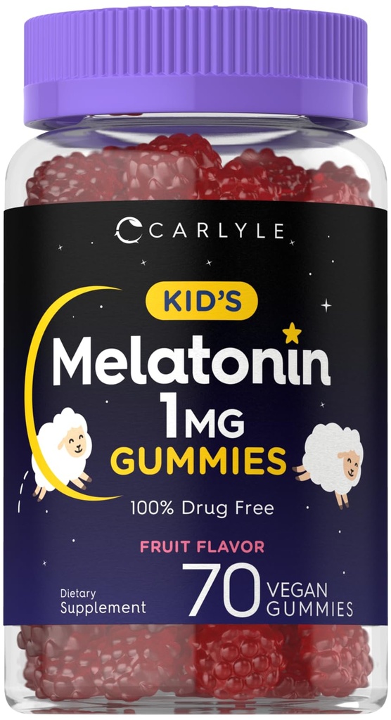 Carlyle Kids Melatonin Gummies | 1 mg 70 Count | Fruit Flavor Gummy | Vegan, Non-GMO, Gluten Free