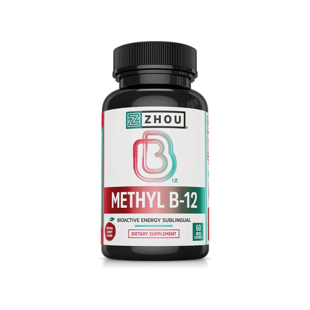 Zhou Methyl B12 - Methyl B-12 συμπλήρωμα για γυναίκες & άνδρες, βιταμίνη B12 5000 mcg, Vegan φιλικό, κυτταρική ενέργεια και νευρική λειτουργία υποστήριξης, methylcobalamin - 60 Micro Lozenges