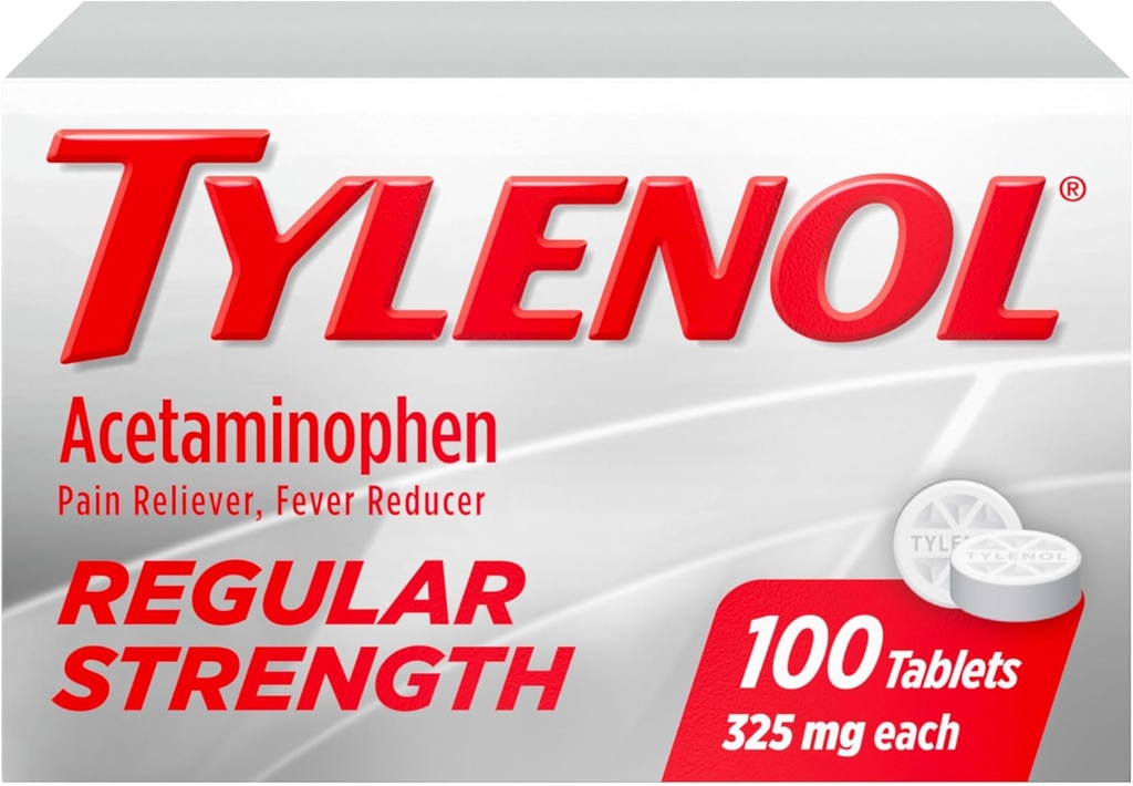 Tylenol Regularισκία Τακτικής Δύναμης με 325 mg Acetaminophen, Fever Reducer & Pain Reliever για Κεφαλαλγία, Οσφυαλγία, μυϊκοί πόνοι, πόνοι αρθρώσεων & εμμηνορρυχεία, 100 ct