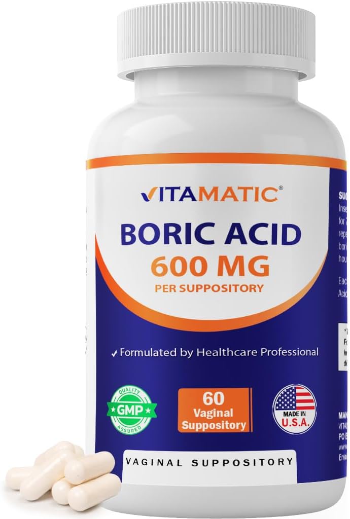 Vitamatic Boric Acid Κολπικό καψάκιο Shell Suppositories 600 mg USP Βαθμός Βορικό οξύ σε χορτοφαγική κάψουλα Shell - 60 Count
