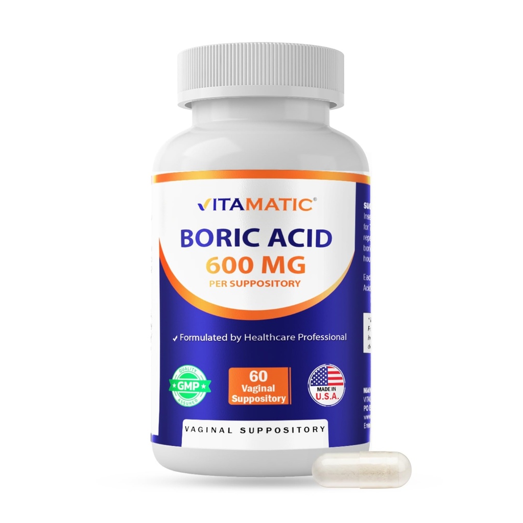 Vitamatic Boric Acid Κολπικό καψάκιο Shell Suppositories 600 mg USP Βαθμός Βορικό οξύ σε χορτοφαγική κάψουλα Shell - 60 Count