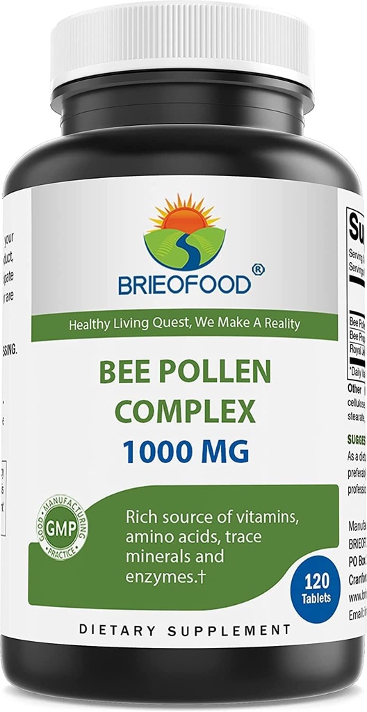Brieofood Bee Pollen Complex 1000 mg 120 δισκία - Made with Bee Pollen, Bee Propolis, & Royal Jelly Powder