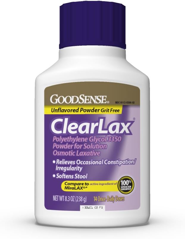 GoodSense ClearLax, Πολυαιθυλενογλυκόλη 3350 Κόνις για Λύση - Οσμωτικό Λάστιχο για την ανακούφιση της δυσκοιλιότητας, Άγευστη, 8.3 oz