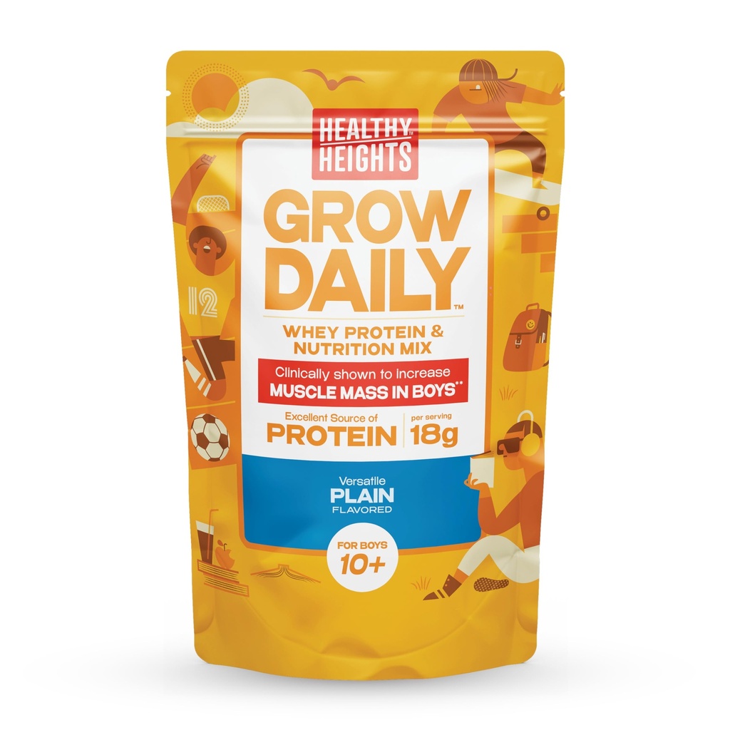 Healthy Heights Grow Daily Kids Protein Drink Mix (Plain) - High Protein Shake for Boys 10+, 21.6 oz