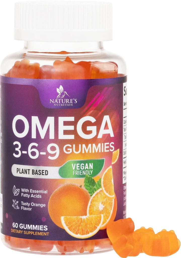 Omega 369 Gummies - Vegan Triple Omega 3 συμπλήρωμα Gummy - Απαραίτητο λιπαρό οξύ Oil 3 6 9 Σύμπλεκτη υποστήριξη καρδιάς και τον εγκέφαλο για τις γυναίκες, άνδρες και εγκυμοσύνη, ψάρια δωρεάν μη-GMO, Πορτοκάλι - 60 Gummies