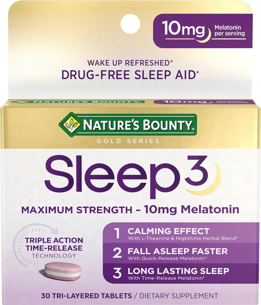 Nature's Bounty Melatonin, Sleep3 Μέγιστη Δύναμη 100% Χωρίς Φάρμακα Βοήθεια Ύπνου, L- Theanine & Nighttime Herbal Blend Time Release Technology, 10mg, 30 Tri- Layered Tablets