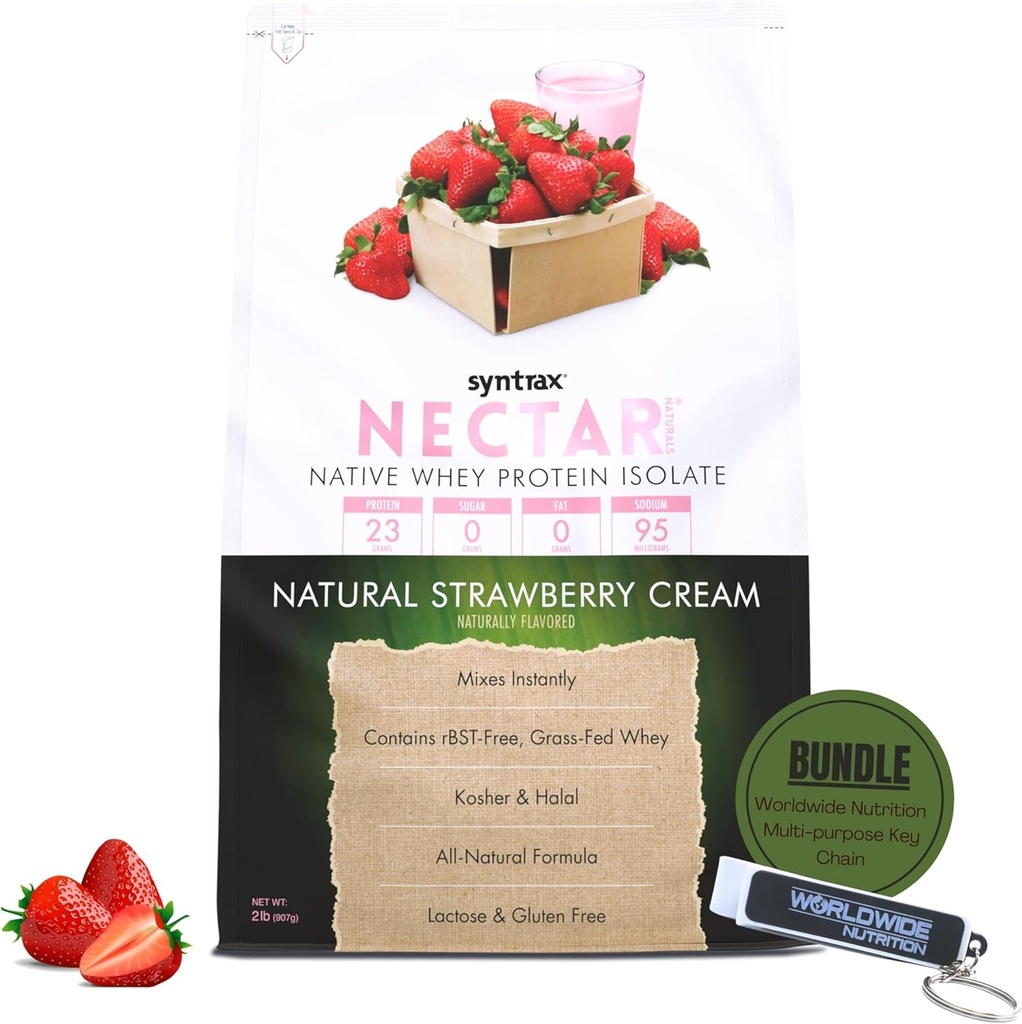 Syntrax Native Whey Protein Isolate - Κοσέρ & Χαλάλ, Λακτόζη & Χωρίς Γλουτένη - Φυσική κρέμα φράουλας Γεύση - 2 Λίρες - με μπρελόκ