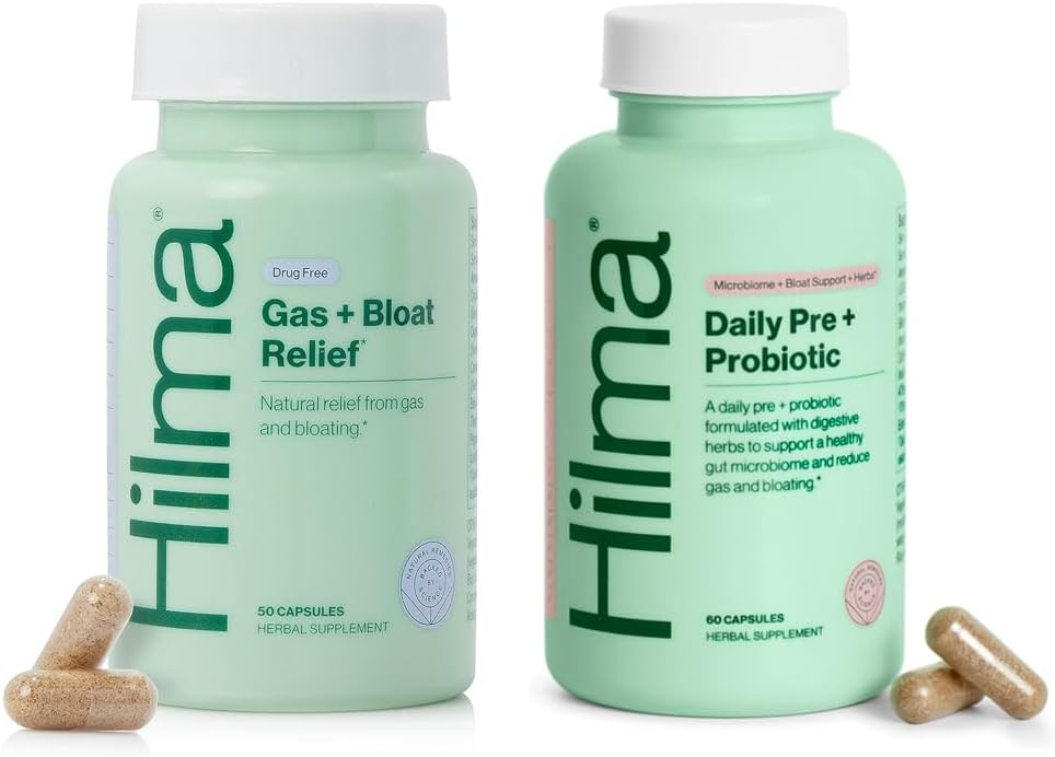 Hilma Healthy Gut & Bloat Support Bundle - Αέριο & Bloat Relief (50 Vegan Capses) με Lemon Balm, μάραθο & μέντα Leaf + Καθημερινή Προ & Προβιοτική με Βότανα (60 Vegan Capsles) για ένα Υγιές Βότανο