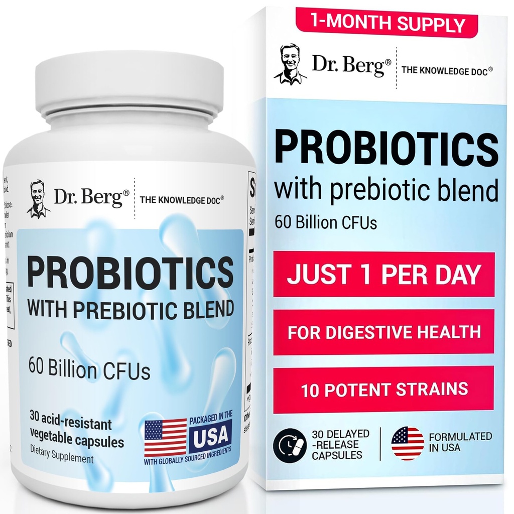 Dr. Berg Probiotic Supplement (60 Billion CFUs) - Helps Ease Occasional Constipation, Diarrhea, Gas & Bloating* - Pre and Probiotics for Digestive Health - 30 Probiotic Capsules