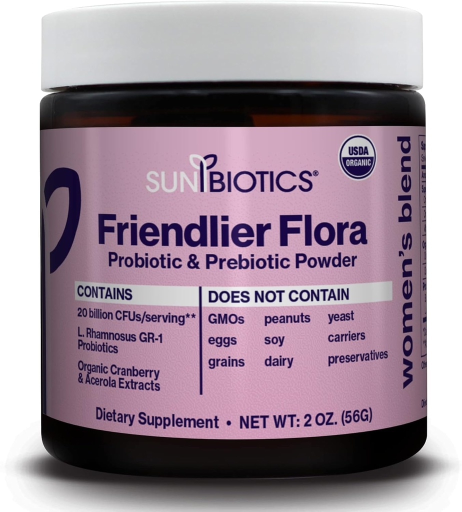 SUNBIOTICS Friendier Flora - Γυναικεία Blend, 20 δις CFUs 6 Προβιοτικών Στρωμάτων, Γυναικεία Καθημερινή Πέψη Κολπική & Ανοσολογική Υγεία, Μη ΓΤΟ και Χωρίς Γλουτένη, 2 Ουγγιά