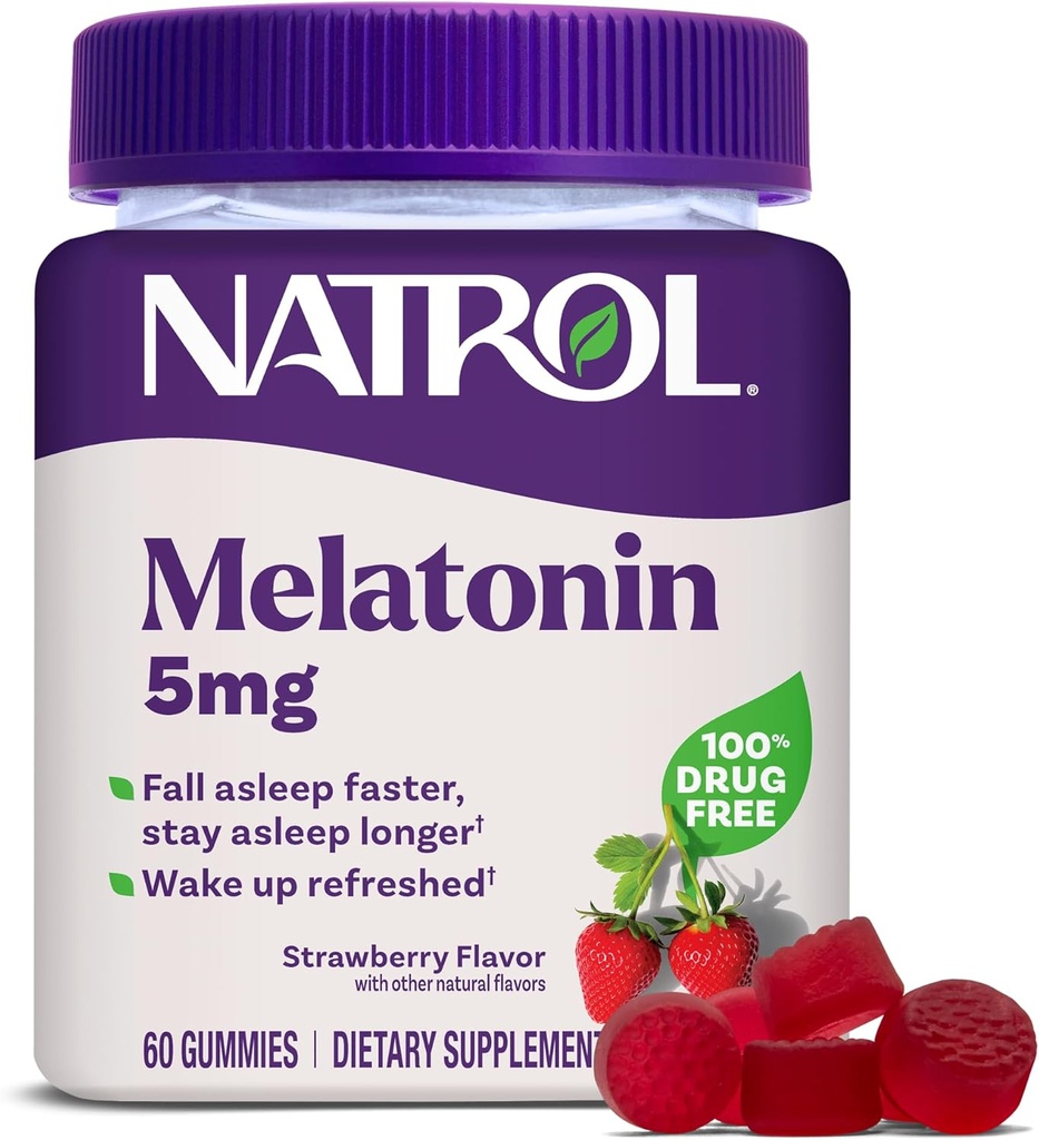 Natrol Melatonin Gummies, Υποστήριξη ύπνου, 60 Strawberry-Flavored Adult Melatonin Gummies, 5 mg Βοηθήματα ύπνου για ενήλικες