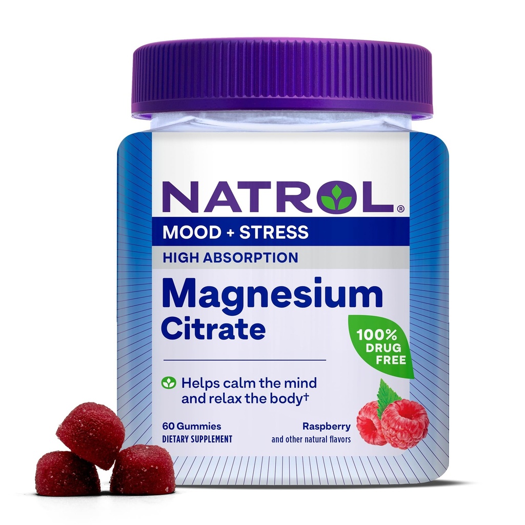 Natrol Μαγνήσιο Κιτρικό, Υψηλή Απορρόφηση Μαγνήσιο συμπλήρωμα για Mood και το άγχος, βοηθά να ηρεμήσουν το μυαλό και να χαλαρώσουν το σώμα, 60 Raspberry-Flavored Gummies, Μέχρι 30 ημέρες προσφοράς