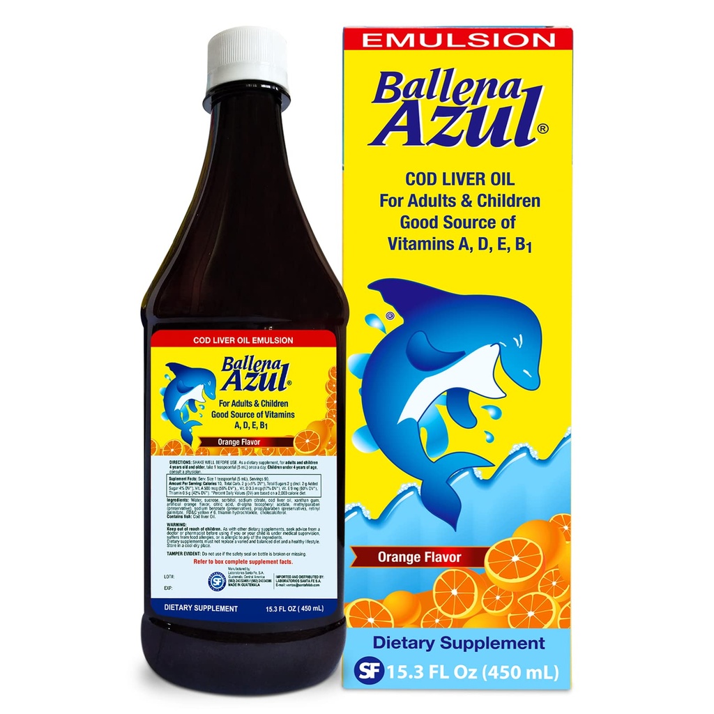 Ballena Azul Aceite de Hígado de Bacalao para Adultos y Niños, COD Liver Oil για ενήλικες και παιδιά, Καλή Πηγή Βιταμινών A,D,E, B1, Συμπλήρωμα Διατροφής, Omega 3, Ενίσχυση Συστήματος Αιμοδιψής (ΟΡΑΓΗ 15 OZ)