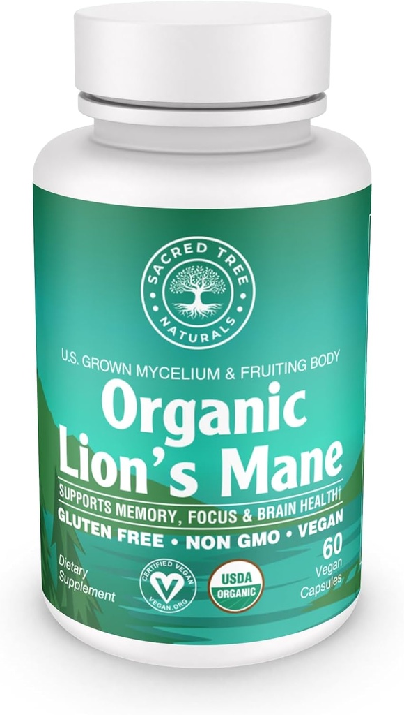 Βιολογικά κάψουλες μανιταριών Lion - 1000mg υψηλής ισχύος - εγκεφαλική ενίσχυση, εστίαση & ανοσοποιητική υποστήριξη - μη GMO, Vegan, 60 Count