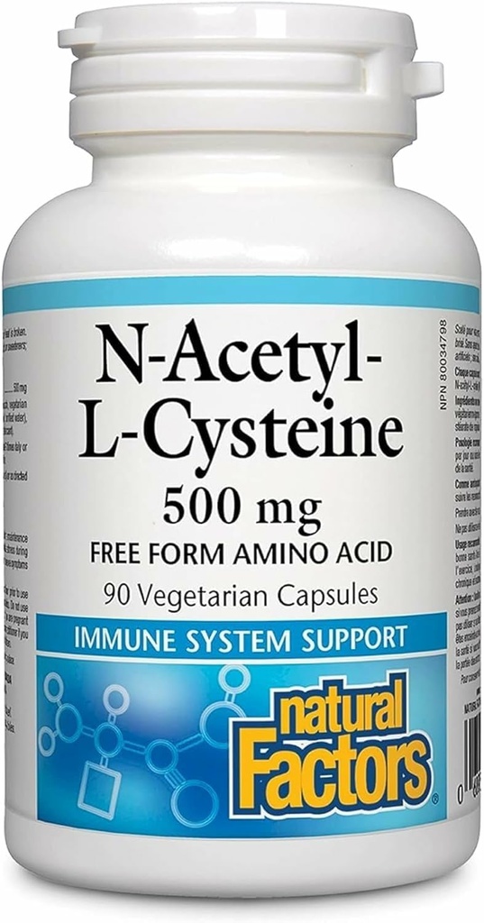 Natural Factors N-Acetyl-L-Cysteine 500 mg - Supports Healthy Liver & Lungs - Antioxidant Support Supplement Supports Immune System Health - 90 Vegetarian Capsules (90 Servings)
