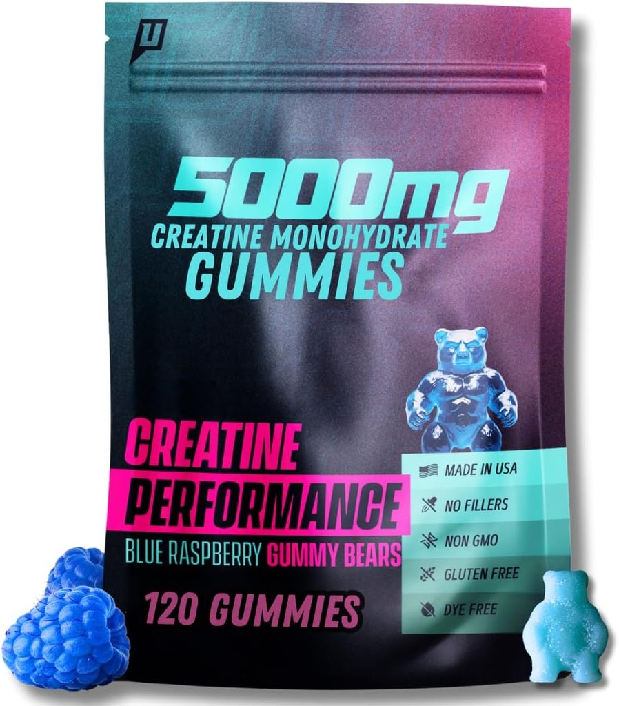 Creatine Monohydrate Gummies 5G - Delicious Blue Raspberry Flavor, Max δύναμη για την ανάπτυξη των μυών, γρήγορη απορρόφηση για άνδρες και γυναίκες - Premium όλα τα φυσικά, εργαστηριακά δοκιμαστεί - 30 εξυπηρετούν