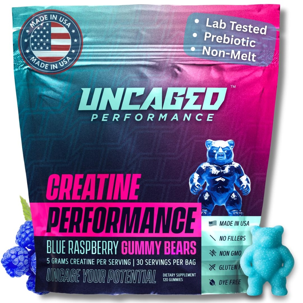 Creatine Monohydrate Gummies 5G - Delicious Blue Raspberry Flavor, Max δύναμη για την ανάπτυξη των μυών, γρήγορη απορρόφηση για άνδρες και γυναίκες - Premium όλα τα φυσικά, εργαστηριακά δοκιμαστεί - 30 εξυπηρετούν