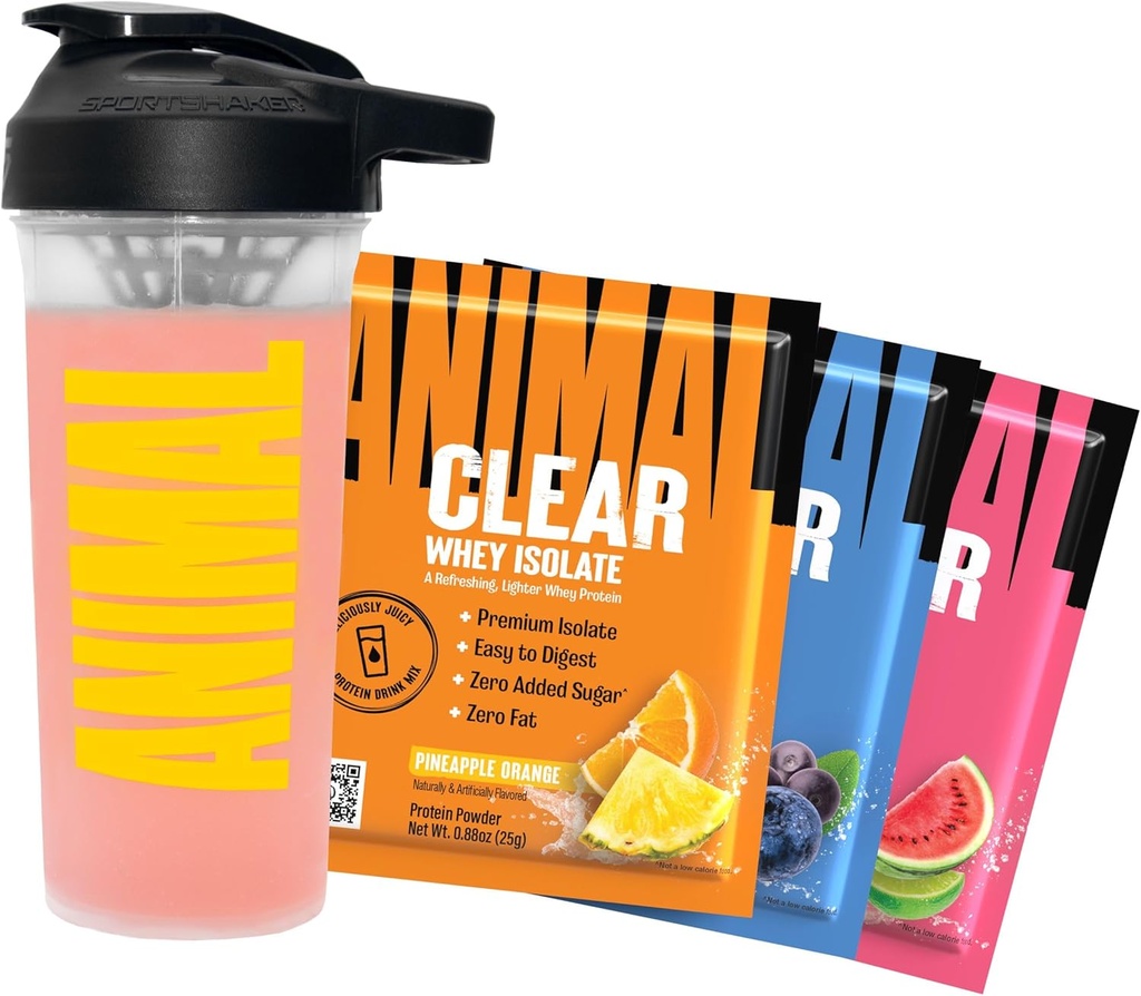 Διαυγές Whey Protein Isolate δειγματολήπτης συσκευασίας & shaker μπουκάλι - Deliciously Juicy 20g πρωτεΐνη, Limeade καρπούζι, Acai βατόμουρο, Pineapple πορτοκαλί, 3 ενιαία-serving πακέτα