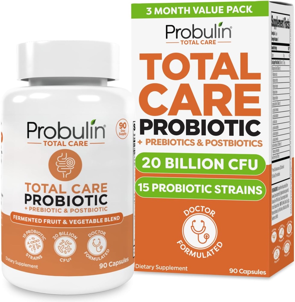 Probulin Total Care Probiotic Supplement, Daily Gut, Digestive, and Immune Health Probiotics Κάψουλες για άνδρες και γυναίκες, 20 δισεκατομμύρια CFU, Vegan, 90 Count Bottle