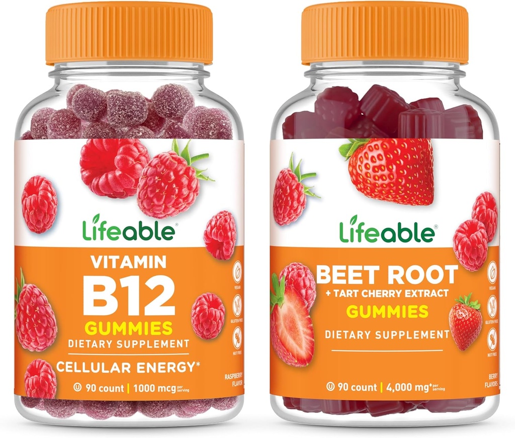 Ζωηρή Βιταμίνη B12 + Ρίζα τεύτλων, Gummies Bundle - Μεγάλη γεύση, συμπλήρωμα βιταμίνης, Χωρίς γλουτένη, Χωρίς ΓΤΟ, Μασώμενα