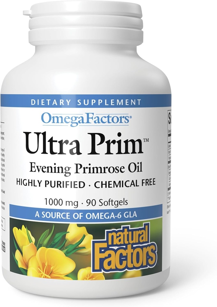 Φυσικοί παράγοντες Ultra Prim Evening Primrose Oil 1000mg, μια φυσική πηγή Omega-6 GLA, 90 Softgels