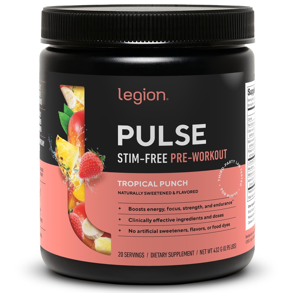 LEGION Pulse Pre workout Supplement - Όλα τα φυσικά Nitric Oxide Preworkout ποτό για την ενίσχυση της ενέργειας, Createine Δωρεάν, φυσικά ζαχαρούχο, Beta Alanine, Citrulline, Alpha GPC (Caffeine Free Tropical Punch)