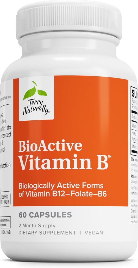 Terry Φυσικά Βιοενεργή Βιταμίνη Β - Aid Heart Health with Bioactive B Vitamins - Συμπλήρωμα με Φολικό & Ασβέστιο - B Complex Vitamin to Aid Νευρικό Σύστημα Λειτουργία - 60 Κάψουλες