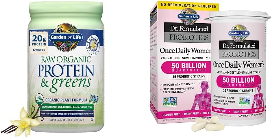 Garden of Life Raw Organic Protein & Greens Vanilla - Vegan Protein Powder for Women & Dr. Formulated Women's Probiotics Once Daily, 16 Strains, 50 Billion, 30 Count