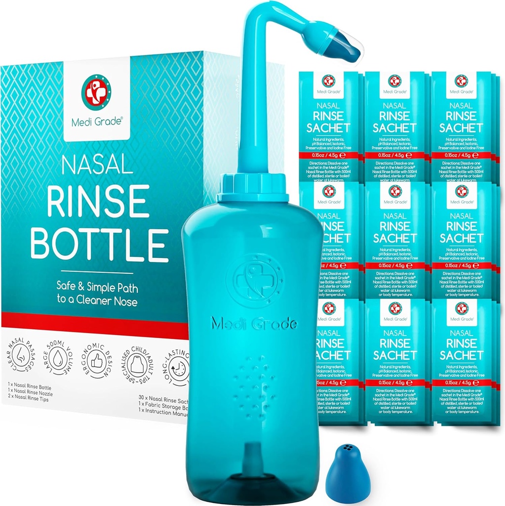 Medi Grade Sinus Rinse Bottle, 500ml με 30 Sinus Rinse Packets - Ολοκληρωμένο Σύστημα Ρινικής Άρδευσης - Niti Pot Nose Καθαριστικό - Nasal Wash Kit για το σπίτι ή τα ταξίδια - 2 Nasal Rinse Συμβουλές και τσάντα αποθήκευσης