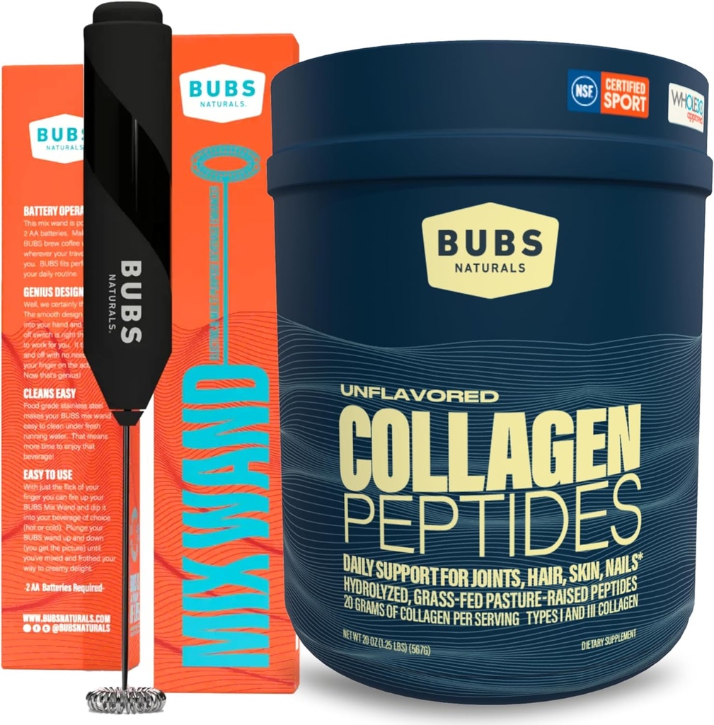 BUBS Naturals Collagen Peptides Σκόνη & Mixing Wand Bundle, Collagen for Women & Men, Hydrolyzed Peptides, Unflavored Pasture Μεγαλωμένο χόρτο Fed, Keto Friendly, 20 oz Collagen Tub (28 Services) +1 Wand