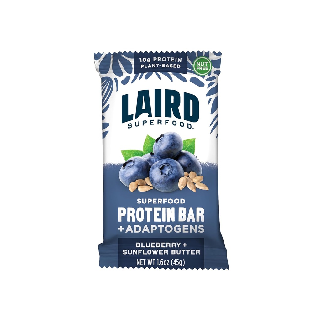 Laird Superfood Functional Protein Bars, Protein Bar but Better with Real Ingredients, Functional Mushrooms 10g Plant-Based Protein, 6g Fiber, Blueberry Sunflower Butter, 10 Count (Pack of 1)
