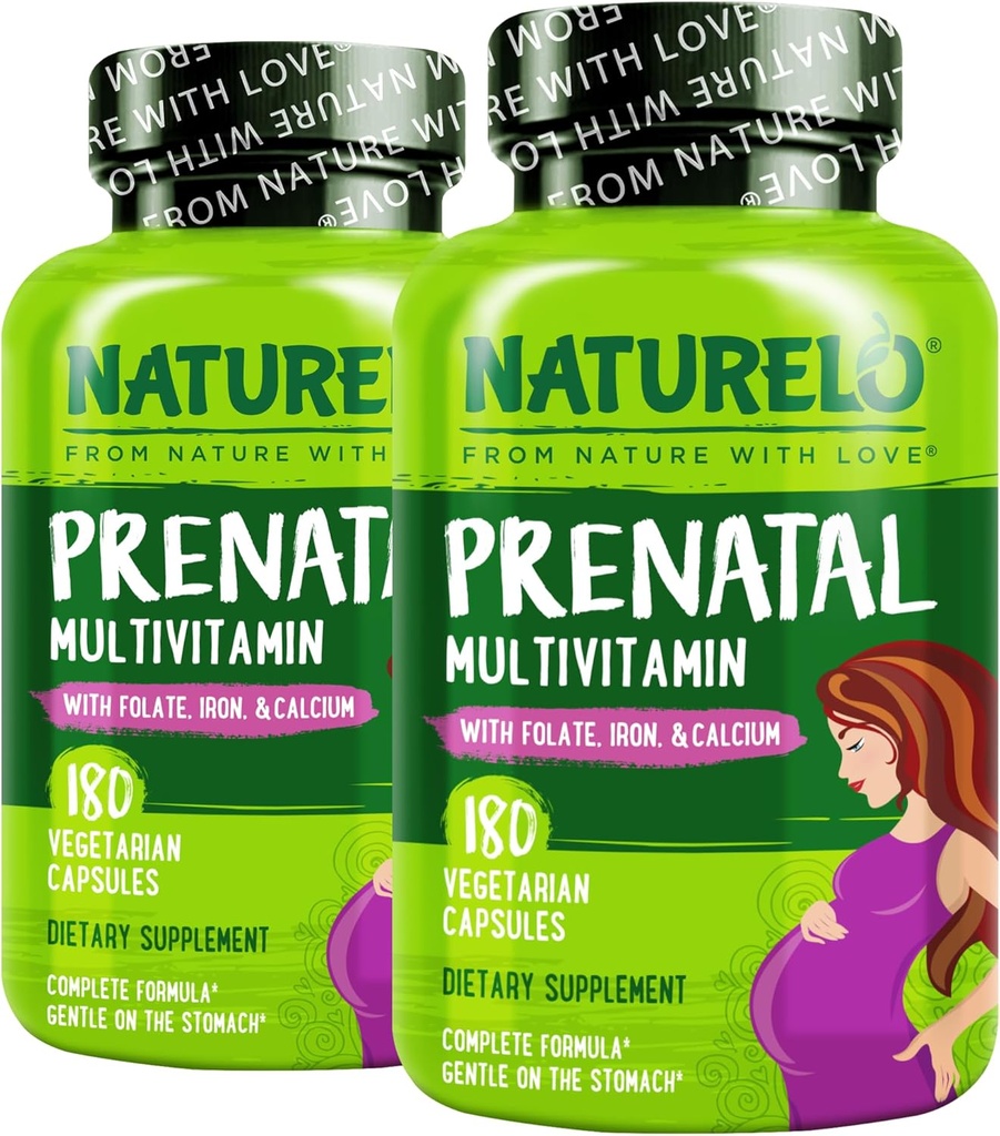 NATURELO Προγεννητική Πολυβιταμίνη με Απαλό Χηλικό Σίδηρο, Φολικό Μεθύλιο, Φυτοασβέστιο & Χολίνη - Vegan, Χορτοφαγικά - Μη ΓΤΟ - Χωρίς Γλουτένη - 180 Κάψουλες - 4 Μήνες Προμήθεια (Pack of 2)