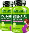 NATURELO Προγεννητική Πολυβιταμίνη με Απαλό Χηλικό Σίδηρο, Φολικό Μεθύλιο, Φυτοασβέστιο & Χολίνη - Vegan, Χορτοφαγικά - Μη ΓΤΟ - Χωρίς Γλουτένη - 180 Κάψουλες - 4 Μήνες Προμήθεια (Pack of 2)
