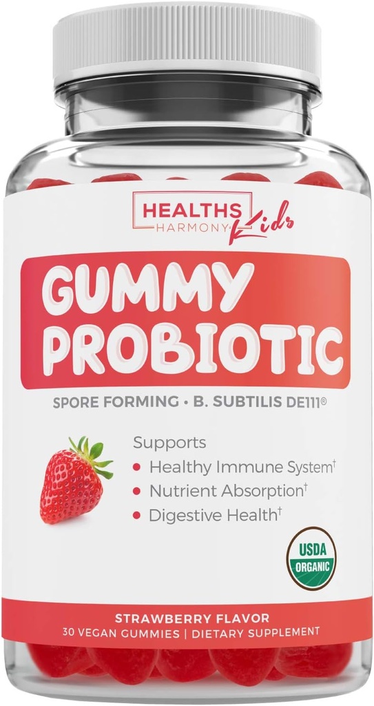 USDA Organic Probiotics for Kids (Non-GMO) Φράουλα Flavor Kids Probiotic Gummies for Digestion & Immune Support - 2,5 δισεκατομμύρια CFU του DE111 Spore Forming Strain for Maximum Survivability - 30 Gummys