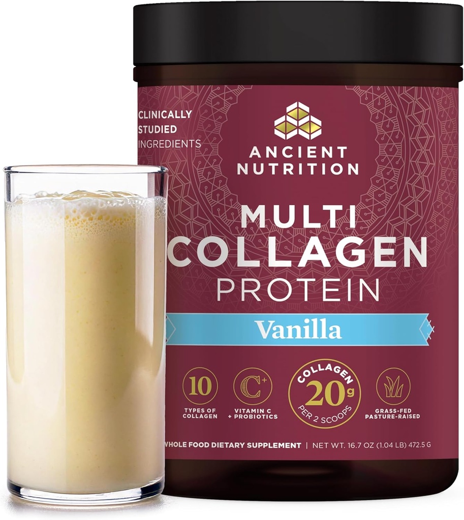Ancient Nutrition Collagen Peptides Powder, Multi Collagen Protein, Women & Men, Vitamin C, Probiotics, Hydrolyzed Collagen, Supports Skin, Joints, Gut Health, Vanilla, 45 Servings
