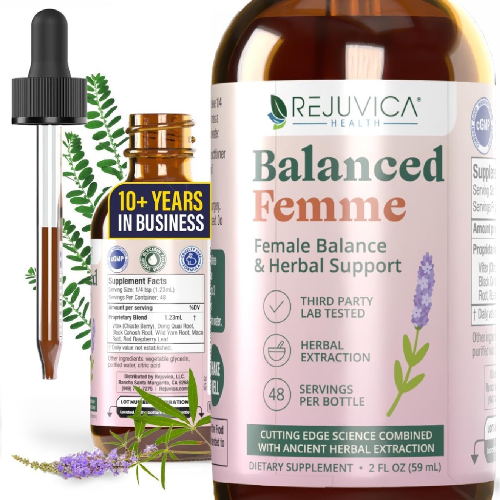 Rejuvica Health Balanced Femme - Advanced Γυναικείο συμπλήρωμα υποστήριξης ισορροπίας - Liquid Delivery for Better Absorvice - Vitex, Dong Quai, Black Cohosh, Maca Wild Yam & More!