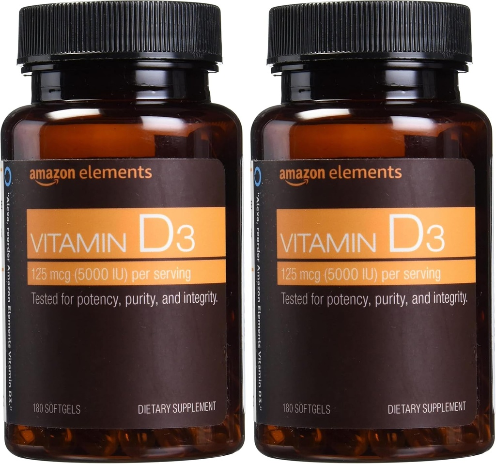 Στοιχεία Βιταμίνης D3, 5000 IU, 180 Softgels, 6 Μήνες προσφοράς (Packaging May Vary), Υποστηρίζει τα ισχυρά οστά και την ανοσοποιητική υγεία (Pack of 2)