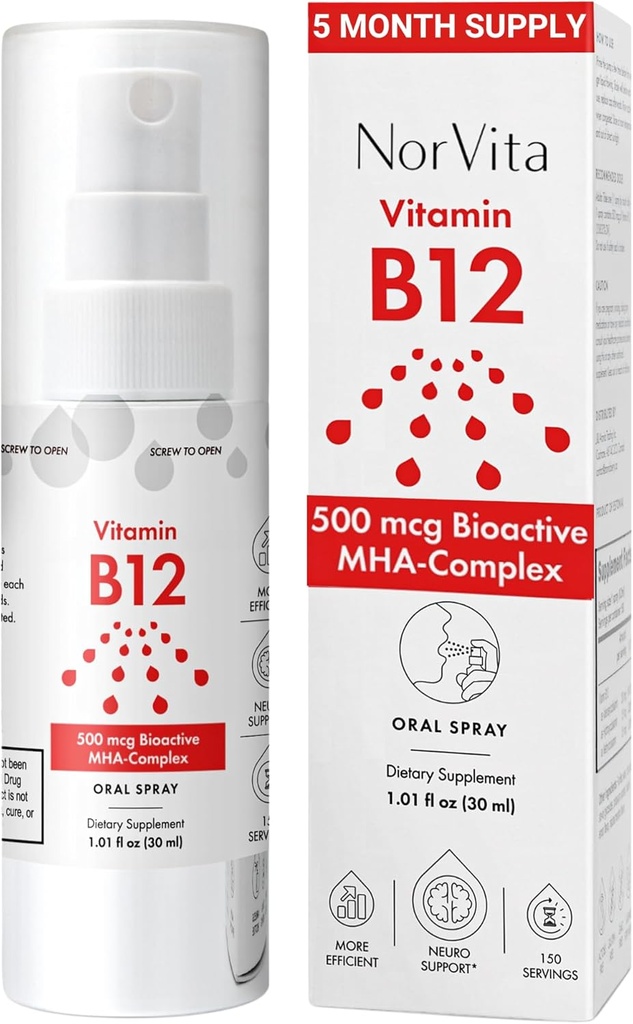 Βιταμίνη B12 Spray 500 mcg (150 μερίδες) - Σύμπλεγμα MHA ταχείας απορρόφησης (μεθυλοκοβαλαμίνη, Υδροξυκοβαλαμίνη, Αδενοσυλοκοβαλαμίνη) - Vegan, μη ΓΤΟ, Συμπλήρωμα υγρού B12