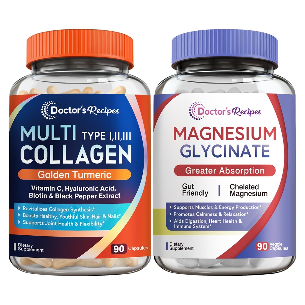 Doctor's Recipes Multi Collagen Complex & Magnesium Glycinate Bundle, Whole Body Rejuvenation, Relax & Relief, Collagen Caps 90 ct & Μαγνήσιο Κάψουλες 90 ct