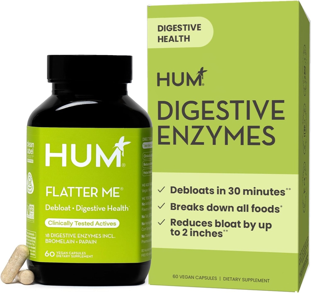 HUM Flatter Me Digestive Enzymes for Women & Men, Digestive Health Bloating Supplement with Ginger & Peppermint Leaf, Fast Acting Anti Bloat Pills Multi Enzyme for Debloating, Vegan, 60 Κάψουλες