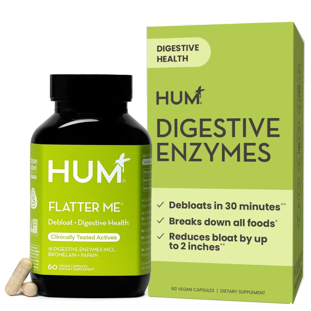 HUM Flatter Me Digestive Enzymes for Women & Men, Digestive Health Bloating Supplement with Ginger & Peppermint Leaf, Fast Acting Anti Bloat Pills Multi Enzyme for Debloating, Vegan, 60 Capsules