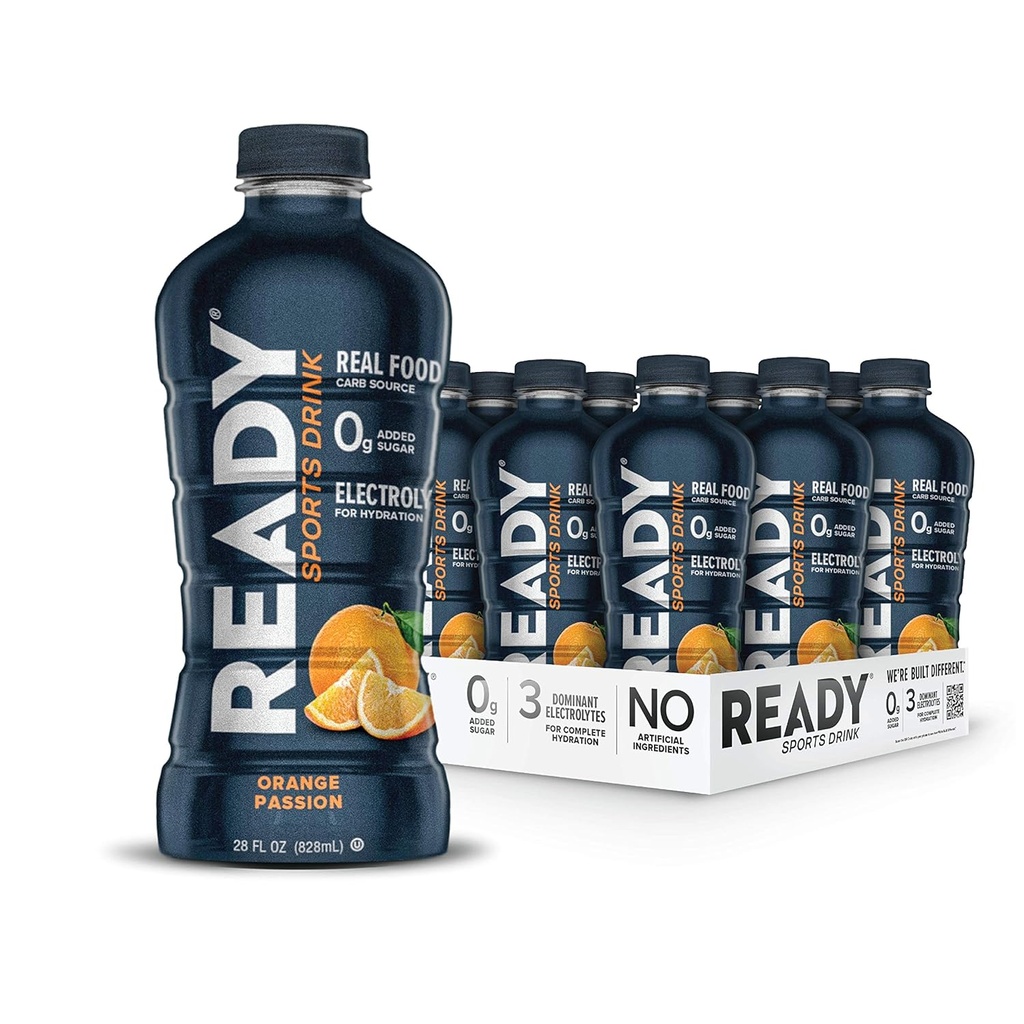 Ready® Sports Drink – Electrolyte Hydration with Super Fruit Carbs, B Vitamins & No Added Sugar – Clean Energy for Athletes & Endurance – Gluten-Free, Vegan, Kosher – Orange Passion (12-Pack)