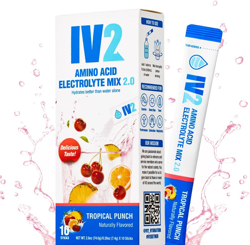 IV2-Zero Ζάχαρη Amino Acid Hydration Powder I Electrolyte Drink Mix I Essential Vitamins I Vegan, Non-GMO, Glunten-Free I Next Level Hydration (10 Count)