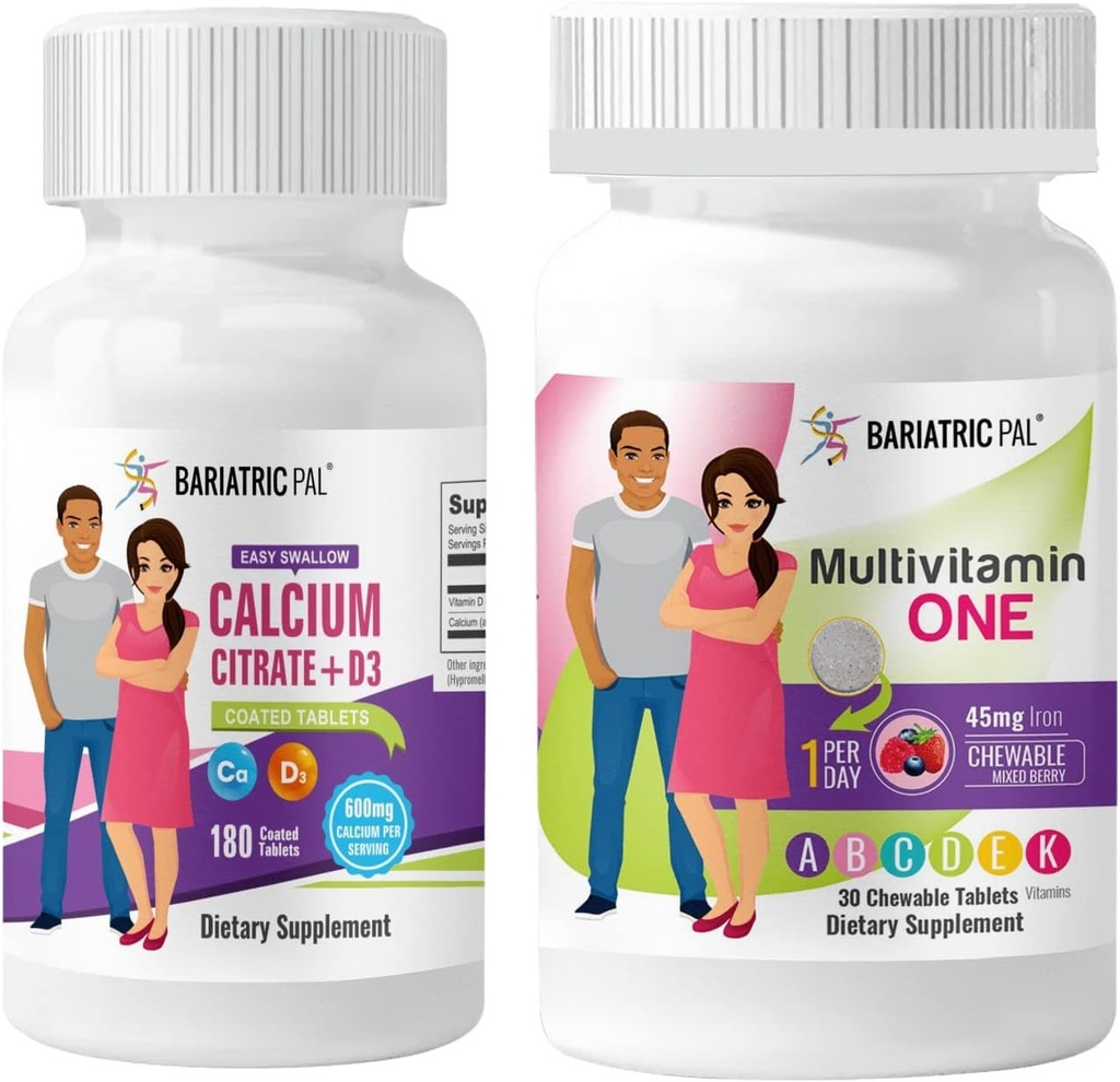 BariatricPal 30-Day Μπαριατρική Βιταμίνη Bundle Multivitamin One 1 ανά ημέρα! Μασώμενα με 45mg Iron - Mixed Berry και Easy Swallow Calcium Citrate (600mg) και D3 Επικαλυμμένα δισκία